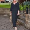 GMXIA Plus Size Women Casual Button Mid Sleeve Pocket Solid Colour Cotton V-Neck Top Pants Set