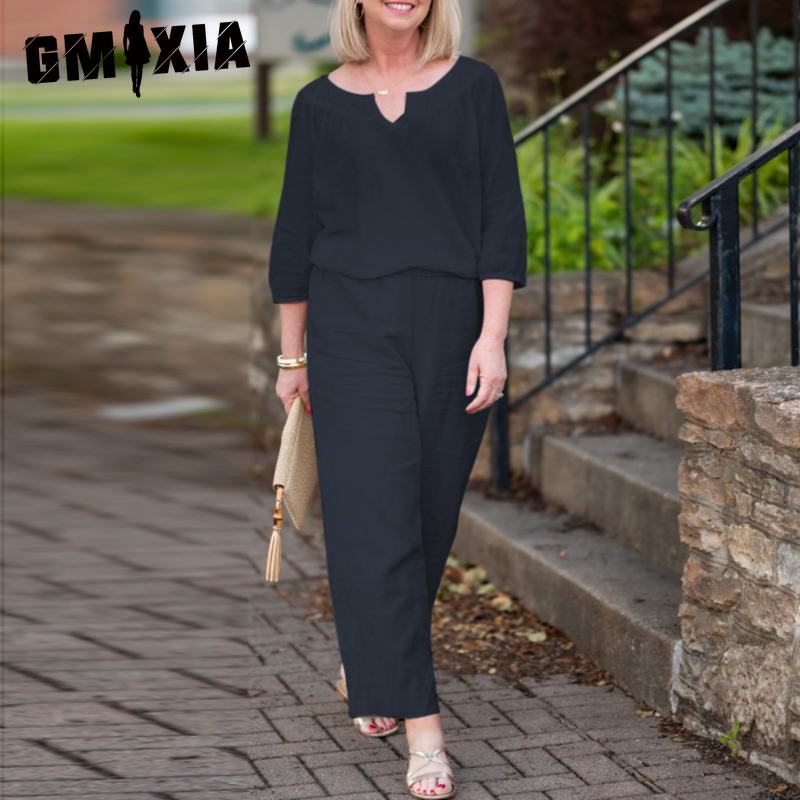 GMXIA Plus Size Women Casual Button Mid Sleeve Pocket Solid Colour Cotton V-Neck Top Pants Set
