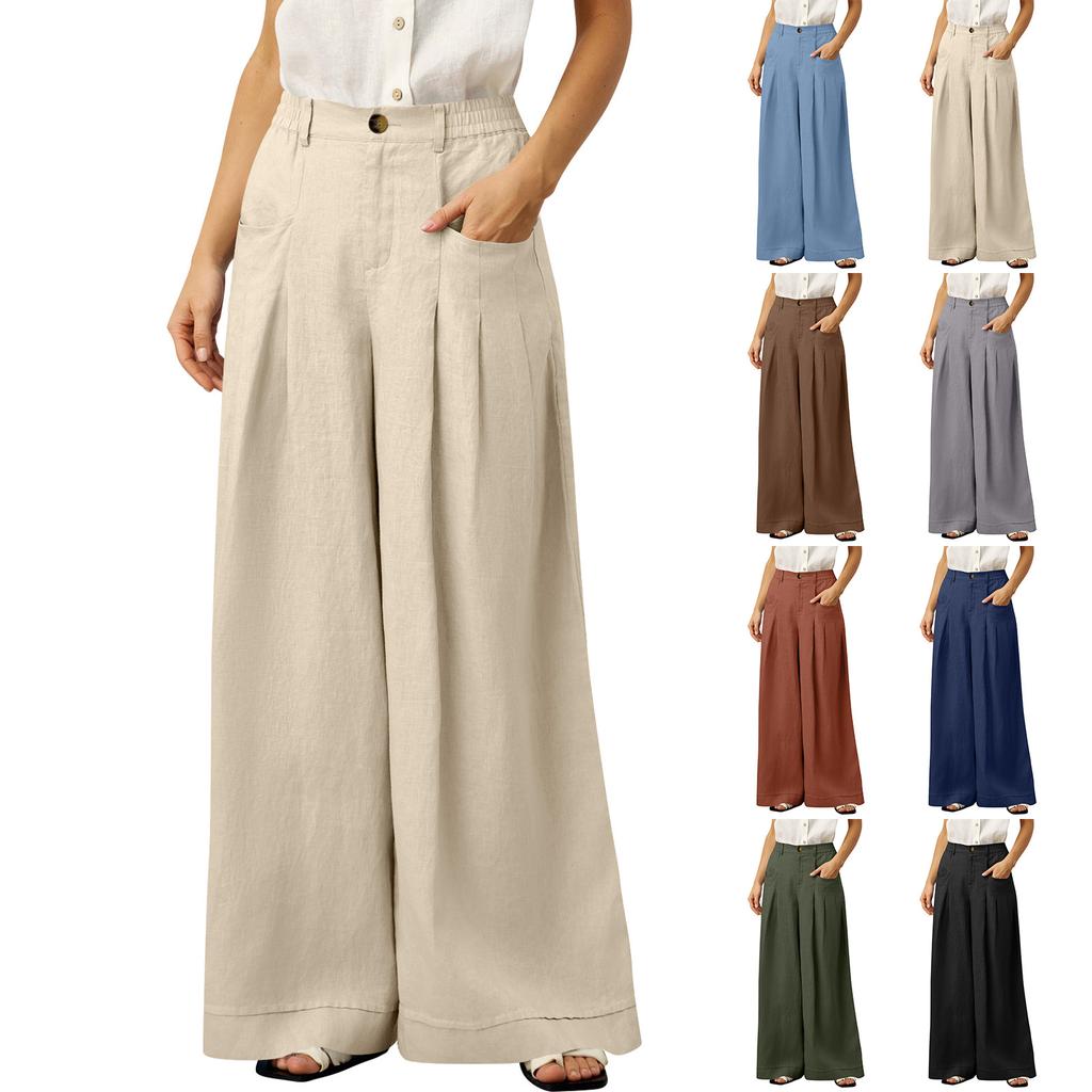Women Wide Leg Trousers High Waist Pleated Loose Fit Pants with Pockets Button and Zip Closure for Office Casual Wear