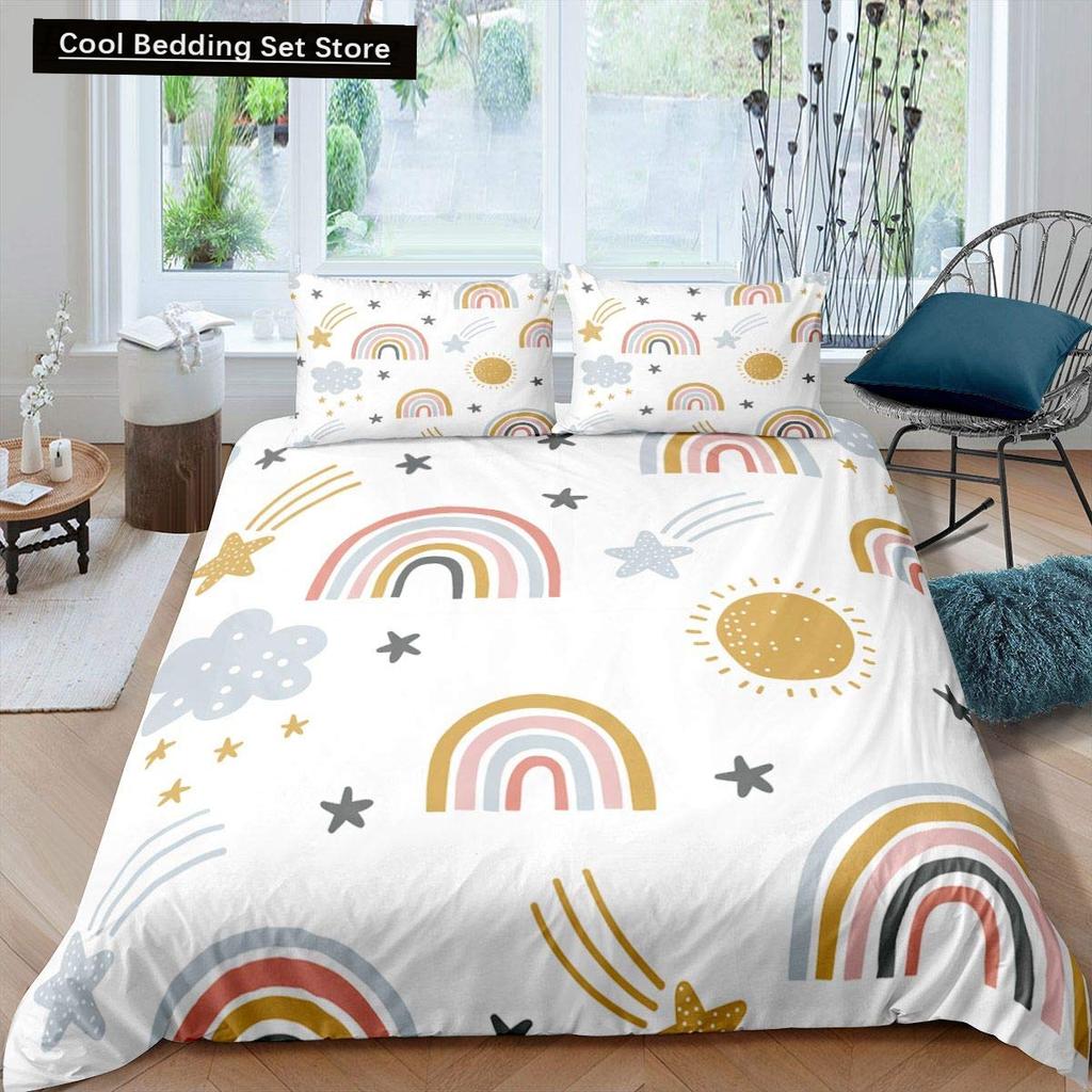Cartoon Regenbogen König Königin Bettbezug Kinder Mädchen Bunte Wolken Bettwäsche Set Liebesherz Bettdeckenbezug Polyester Steppdeckenbezug