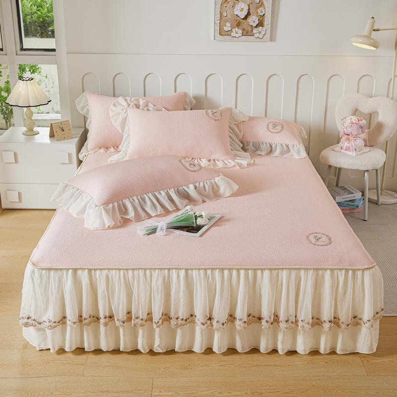 Romantic French Lace Ruffle Bed Skirt Ice Silk Cool Mattress Cover With Summer Quilt Pillowcases