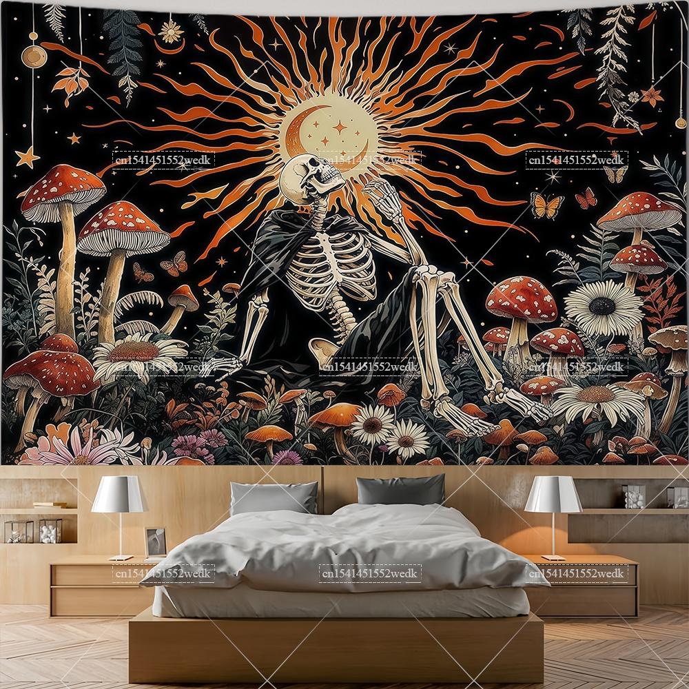 Skeleton Flowers Mushroom Wall Hanging Tapestry Burning Sun Scenery Tapestries Aesthetic Living Room Decor Tapestrys Art Posters