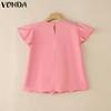 VONDA Elegant Women O Neck Short Sleeve Layers Pleating Solid Casual Blouse