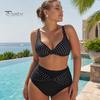 Flattering Plus Size Bikini 2Pcs/Set Set, Cross-Chest V-Neck Bra with Built-In Support, Women Swimwear High-Waisted Twist Swim Bottoms, Retro