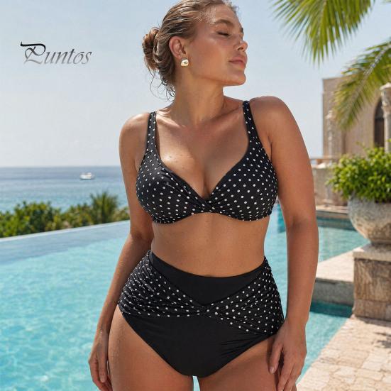 Flattering Plus Size Bikini 2Pcs/Set Set, Cross-Chest V-Neck Bra with Built-In Support, Women Swimwear High-Waisted Twist Swim Bottoms, Retro