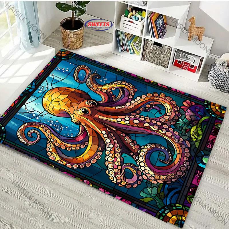 Japanese Octopus Painting Area Rug Non Slip Carpet for Bedroom Living Room Office Unique Floor Mat Home Decor
