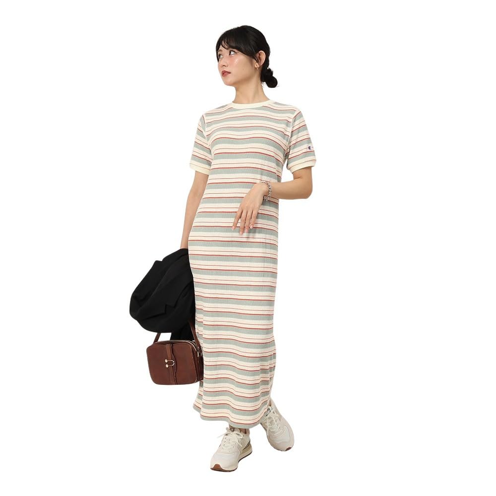 

Champion Casual Short Sleeve Cotton USA Crew Neck Garment Wash Striped Dress in Natural Women s (CW-B309)