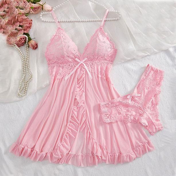 Sommer Sexies Dessous-Kleid Damen Spitze Durchsichtiges Nachthemd Nachtwäsche Einfarbig Schlank Weich V-Ausschnitt Unterkleid Nachtwäsche & Kleider
