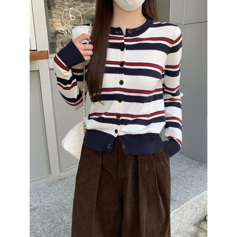 

Осень и зима новый контрастный цветной полосатый круглый вырез свободный и универсальный Энди бархатный вязаный кардиган женская кофта куртка L