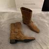 2025 Korean version of the new niche design retro French short boots small square head western boots casual medium boots women's boots