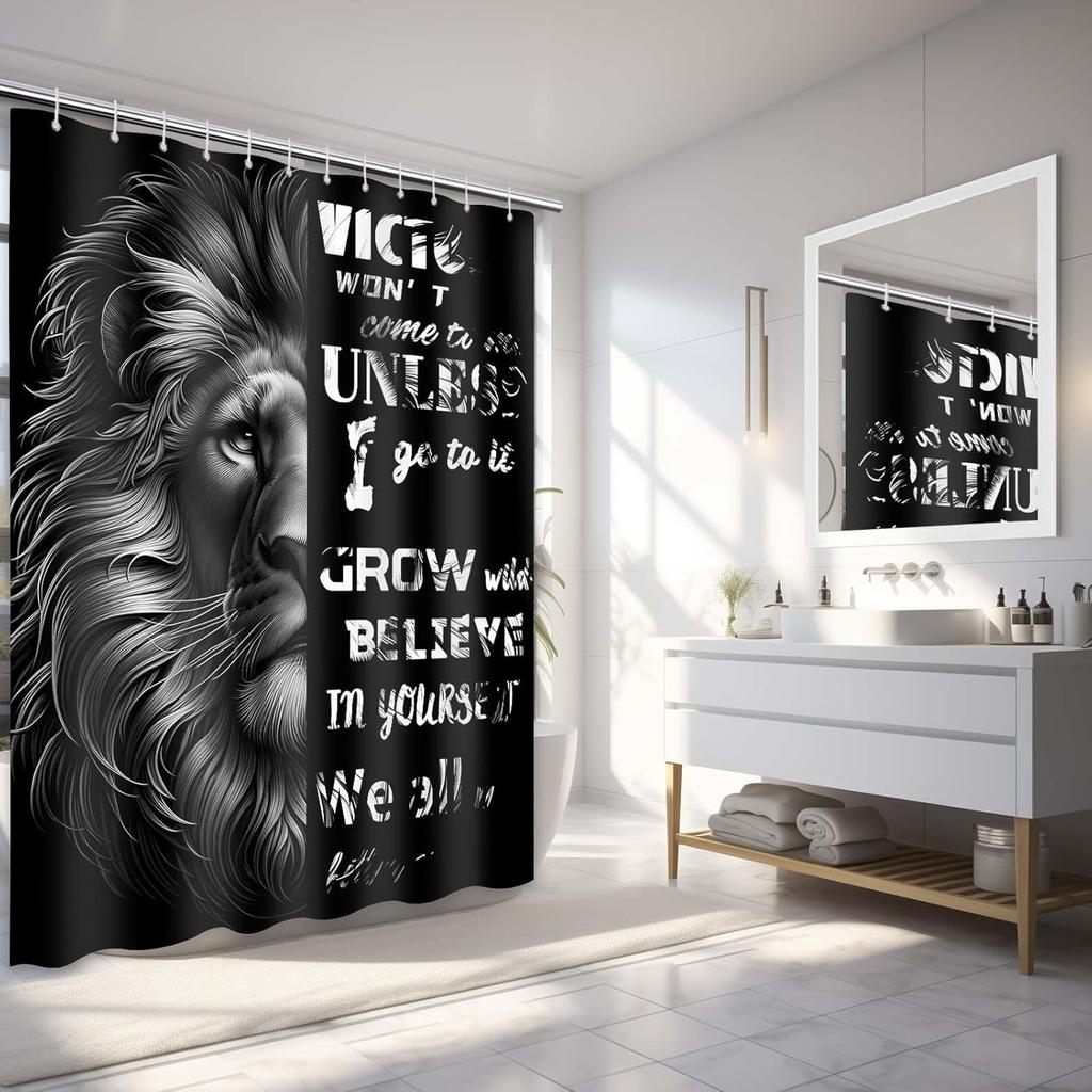 Lion Shower Curtain Black, Inspirational Shower Curtain Motivational Positive Affirmations Quotes Cool Mens Bathroom Decor, Wate