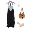 Women Summer Sleevele Strap Denim Dress Denim Chiffon Stitching Long Dress