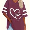 T-shirt col en V imprimé cœur grande taille - Manches courtes, décontracté, confortable, vêtements de mode pour femmes à porter au quotidien printemps, été automne