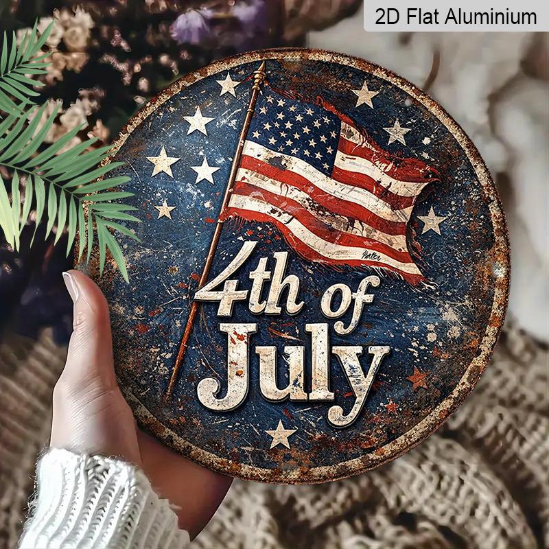 2D Flat, 1pc Round Aluminum Sign, 4th of July Vintage US Flag Design, Patriotic American Independence Day Metal Wall Art, Perfect for Home, Garage