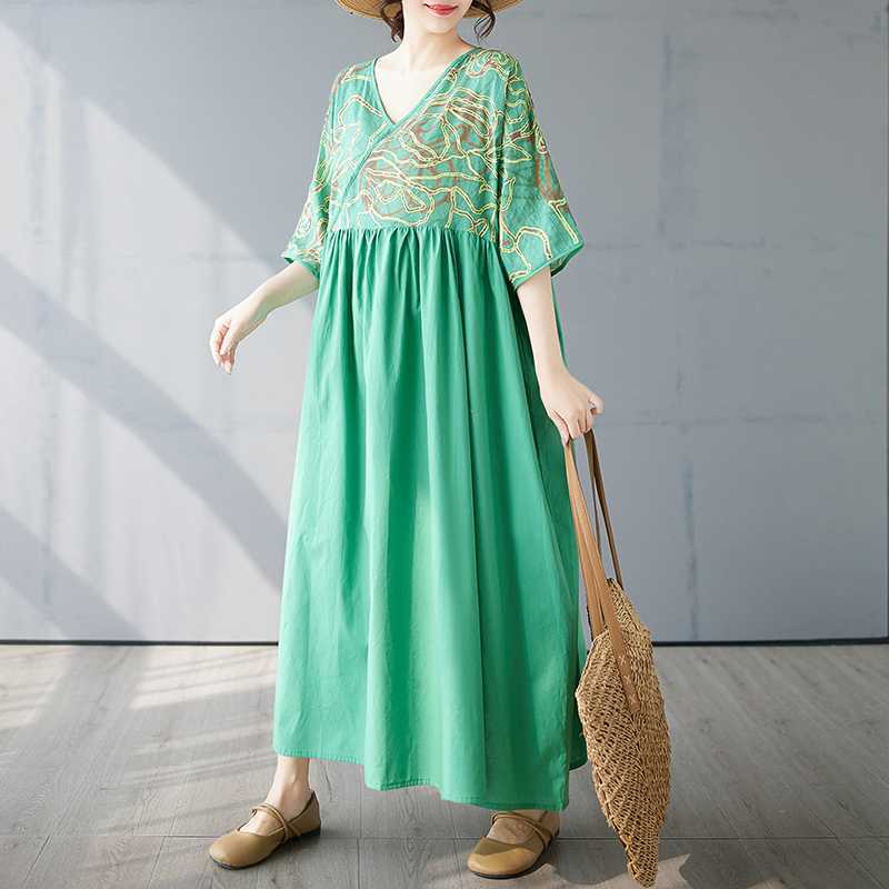 Cotton and Linen Summer Patchwork Retro Style Dress Long Skirt