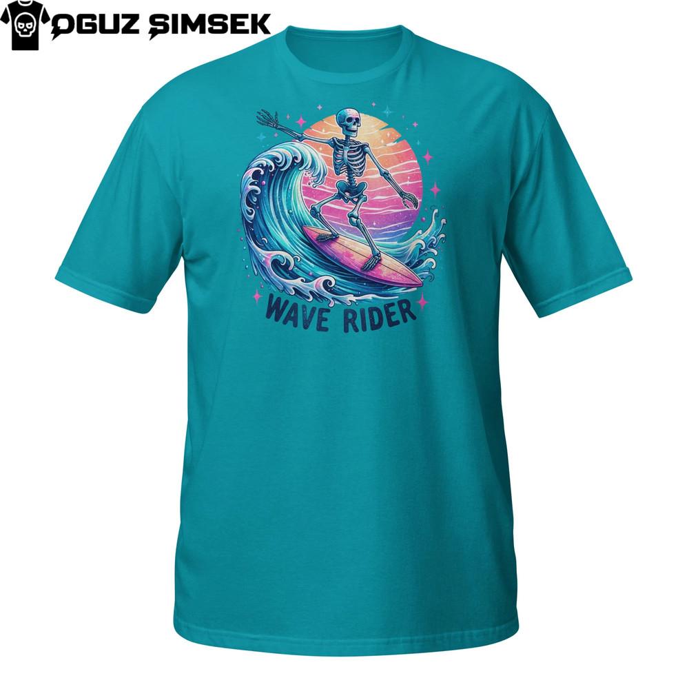 

Wave Rider Skeleton Surfing T-Shirt | Funny Retro Surf Skull Beach Sunset Tee 2XL
