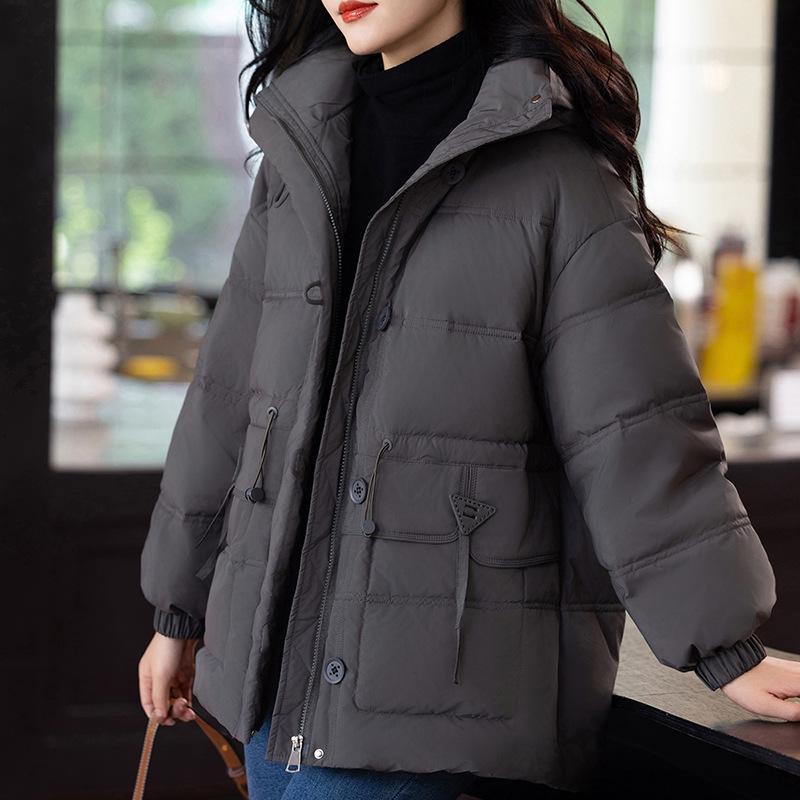 

Женский пуховик с капюшоном 2024 года, утолщенный, со стойкой и кулиской на талии XL 125-135 lbs серый