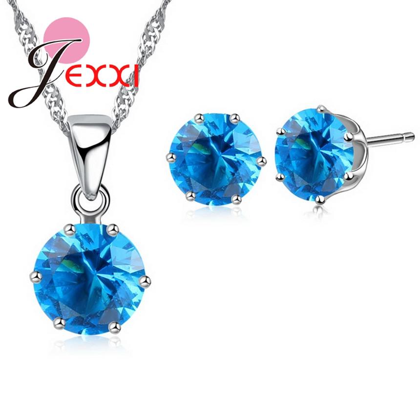 17 Colors Silver Color Jewelry Sets Classical Engagement CZ Diomand Earrings+Necklace For Women Gift