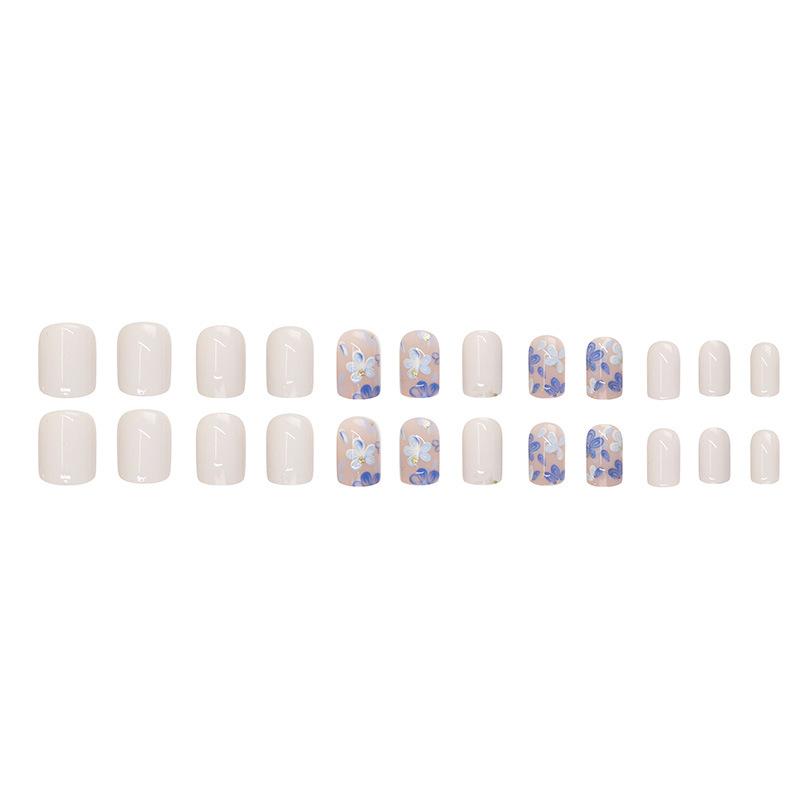 24 Pieces Short blue retro flower fake nails unloading  style wearing armor 24 pieces
