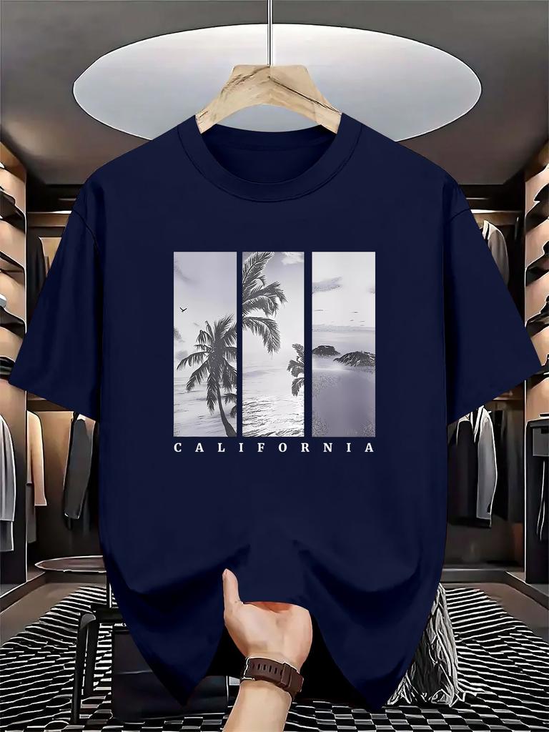 100 Pure Cotton Summer Unisexs Casual Fashion California Style Landscape Pattern Printed Loose Round Neck Short Sleeved Tshirt