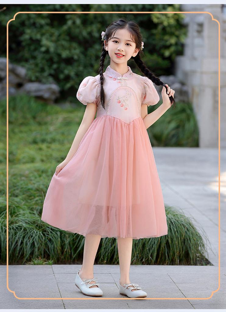 Summer Girls' New Chinese Style Dress, Medium Size Children's Mesh Qipao Skirt, Bubble Sleeves Princess Skirt, Girls' Fashion