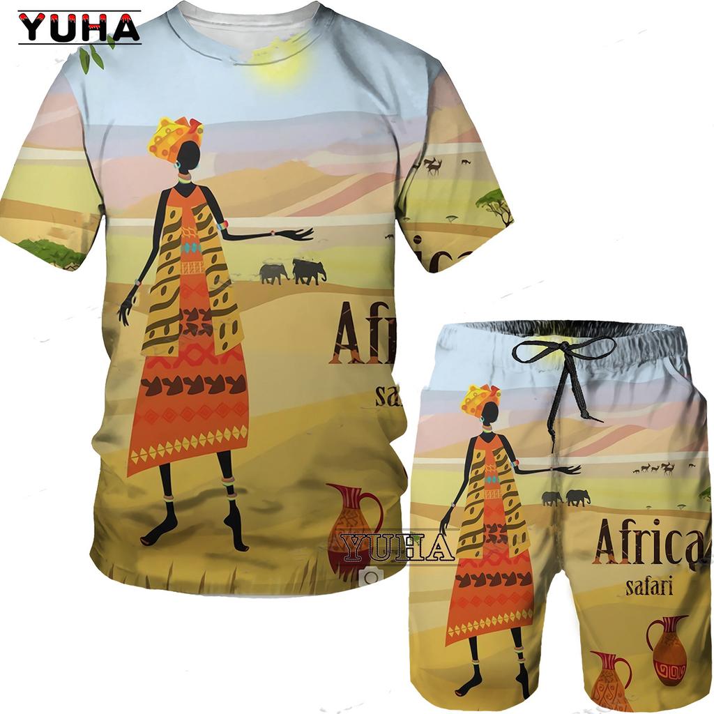 YUHA,Short Sleeve Plus Size Men Retro Ethnic Print Tracksuit Couple Dashiki Clothes Summer African Men's T Shirt Shorts Two Piec
