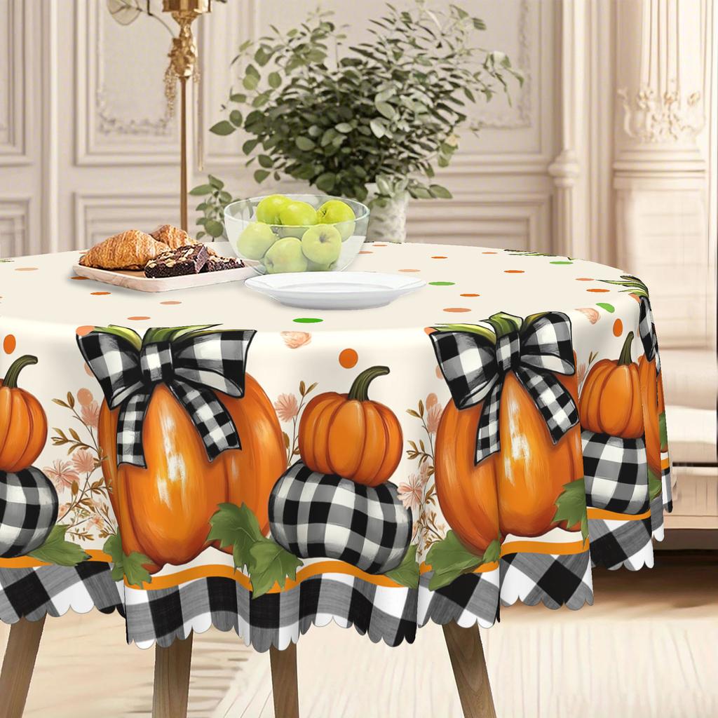 Pastoral Pumpkin Theme Tablecloth, Orange Pumpkin Black Checked Bow, Suitable For Square/Round Dining Tables