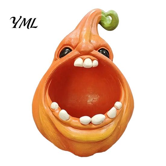 Holiday Desk Ornament Big Mouth Pumpkin Storage Box, Halloween Figurine Resin Jewelry Tray, Candy Holder Trinket Keys for Home Office Decor