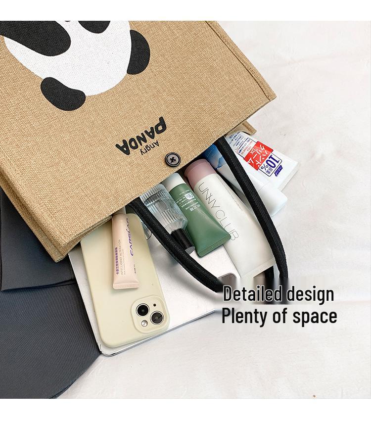Portable Large-Capacity Panda Tote Bag - Retro Linen Shopping & Travel Shoulder Bag