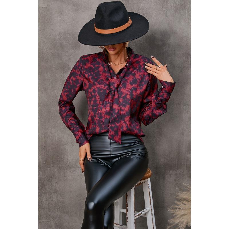 

Женская осенняя рубашка с принтом и галстуком, однобортная, с длинным рукавом XL