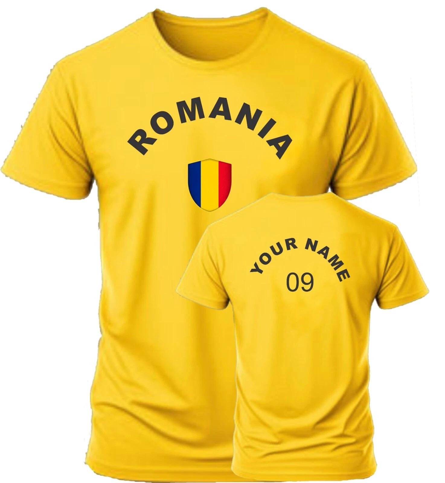 Personalise Romania Football T-Shirt, Soccer Fans Sports, Costume Flag, Badge, L