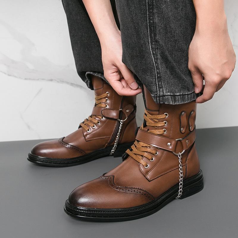 Men's Punk Style Motorcycle Boots - Wear-Resistant Leather, Thick Mid-Calf, Plus Size, Autumn/Winter Martin Boots