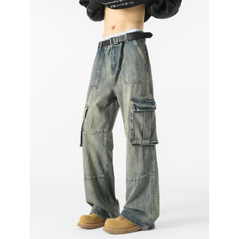 51 Hip-hop American vintage Multi-pockets Cargo Jeans Street Vibe Washed Distressed Loose Straight Trousers Men