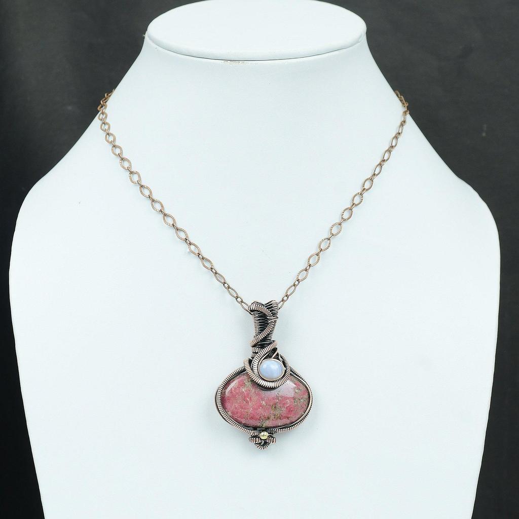 Thulite Pendant Copper Wire Wrapped Jewelry Blue Lace Agate Pendant Handmade Copper Pendant Gemstone Jewelry Gift For Mom Wire Wrap Pendant