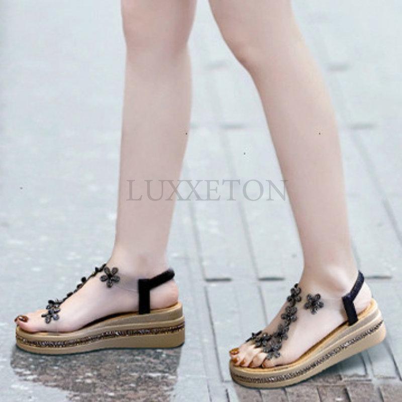 Summer Women Sandals Pvc Crystal Flower Decoration Chunky Heel Peep Toe Back Strap Elastic Band Elegant Fashion Shoes Ladies