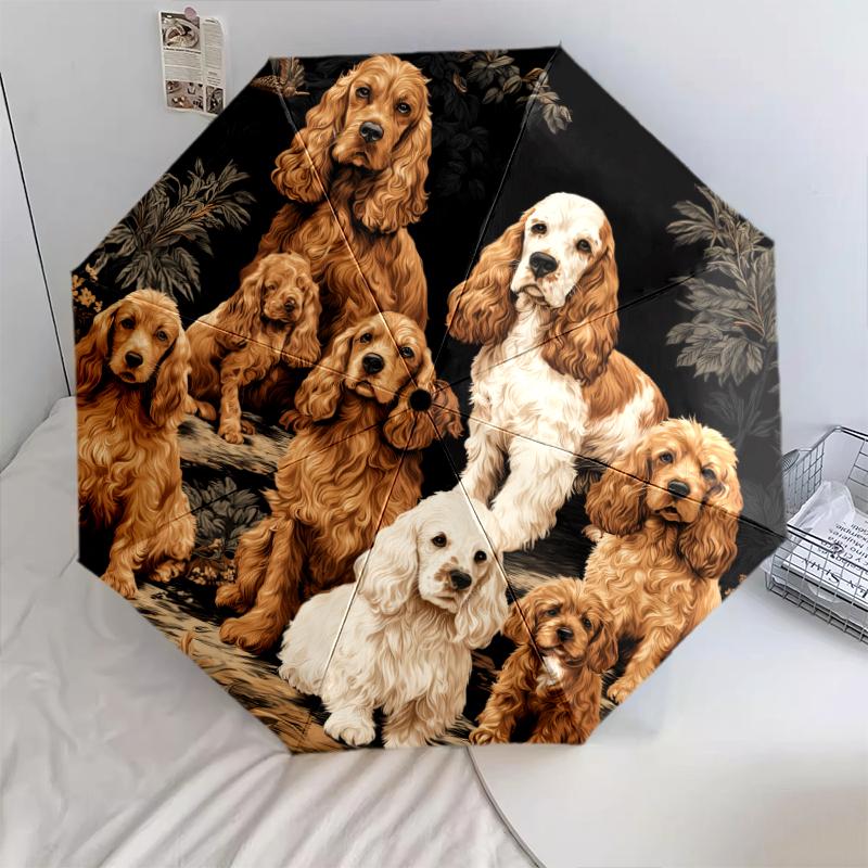 Black Puppy pattern, automatic folding umbrella, portable and foldable design, 8 ribs, a Christmas or birthday gift.