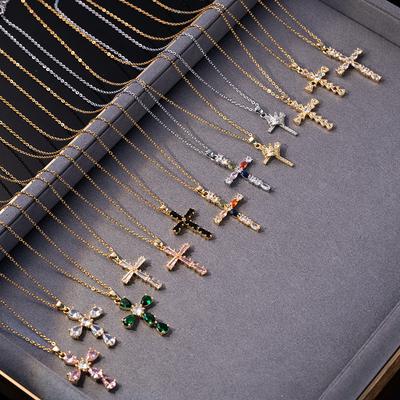 Cool Luxury Shiny Zircon Cross Pendant Necklaces for Women Men Fashion Stainless Steel Chains Collar Jewelry Accessories Gift