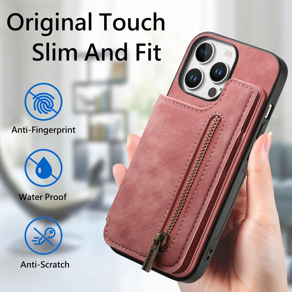 For iPhone 16 Pro Case with Zipper Card Holder Leather+TPU Phone Cover