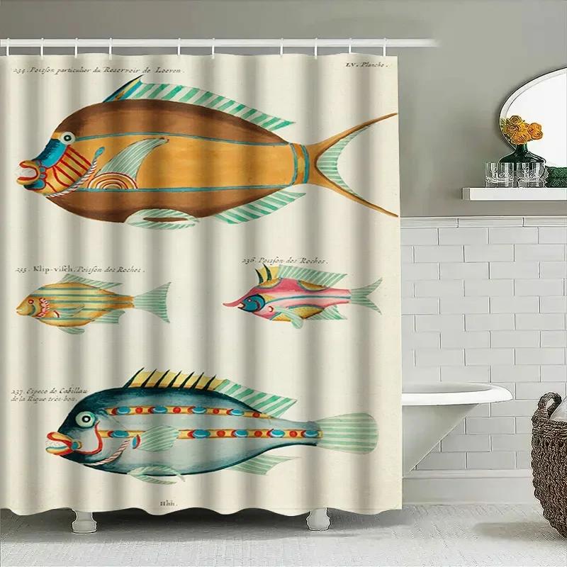 Fish Pattern Shower Curtain Fabric Waterproof Bathroom Decor Home Decoration Wall Hanging Watercolor Print