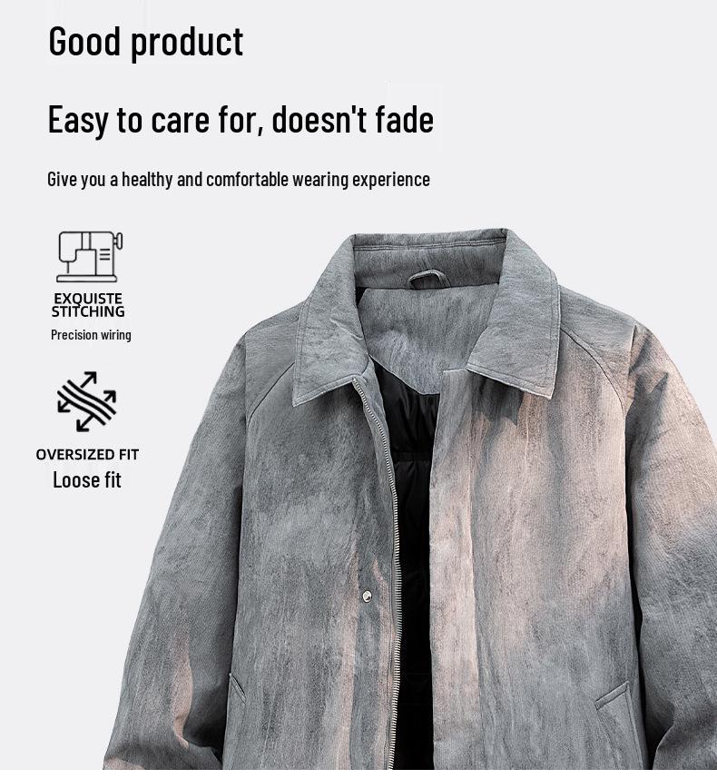 Men's Retro Leather Down Jacket with Lapel - Loose Fit, Solid Color, Plus Size, Trendy Style