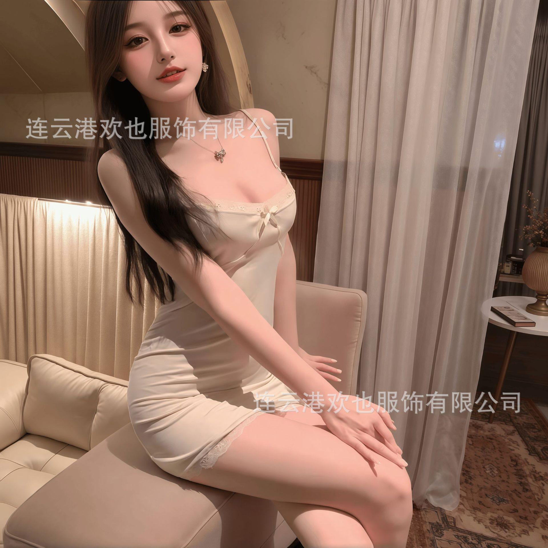 Pure and sensual, lace-trimmed nightgown, erotic lingerie, sexy deep v, revealing bust, hip-hugging uniform pajama set 0426 бежевый