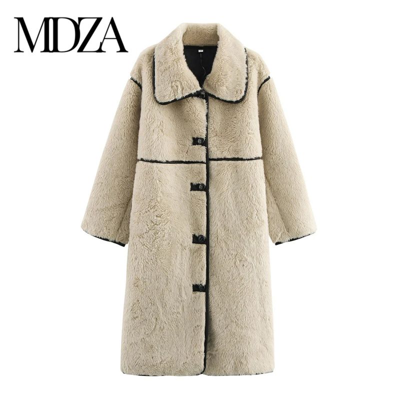 

Za Autumn and Winter New Women clothes Western Style Long Large Lapel Long sleeve Single Row Multi-Buckle Imitation Fur Coat Outerwear Rice Gray L