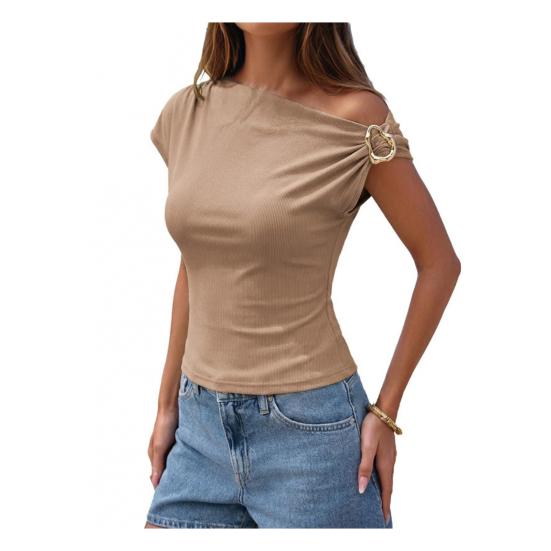 Damskie Topy Asymetryczny Dekolt Metalowa Klamra Krótki Rękaw Pulower Dopasowany Asymetryczny Opuszczony Ramię Koszulka z Złotym Metalowym Pierścieniem
