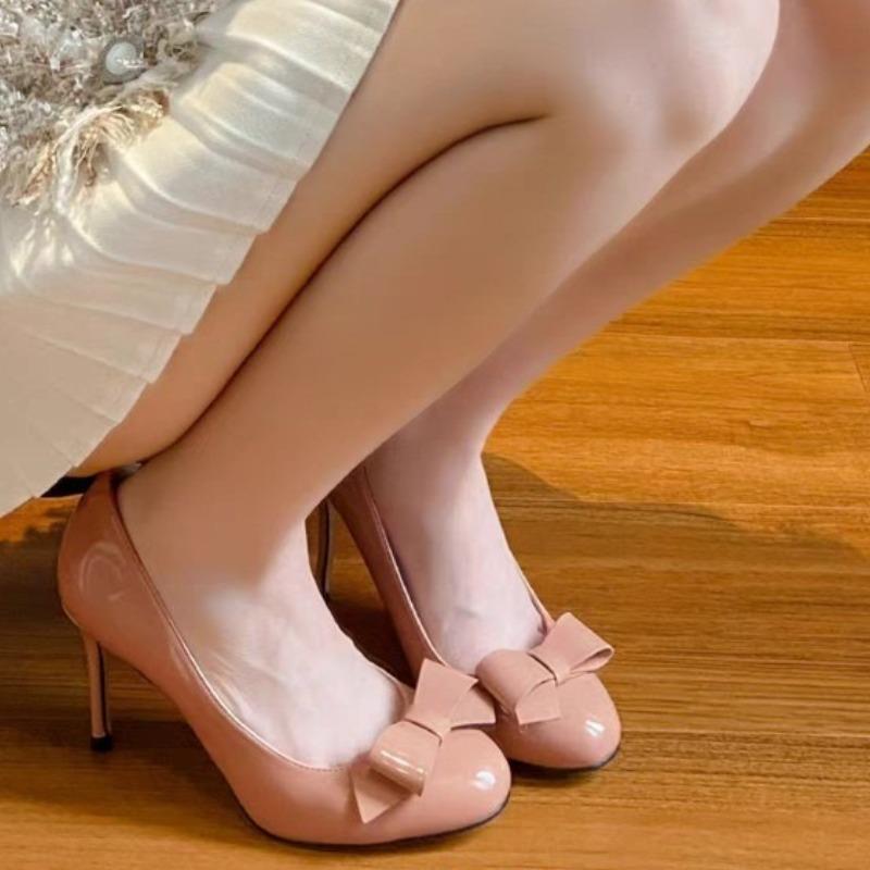 Stiletto Single Shoes Women's Fashion Round Toe Shallow Mouth Bow Slip Foot Anti-Slip Wear-Resistant High Heels