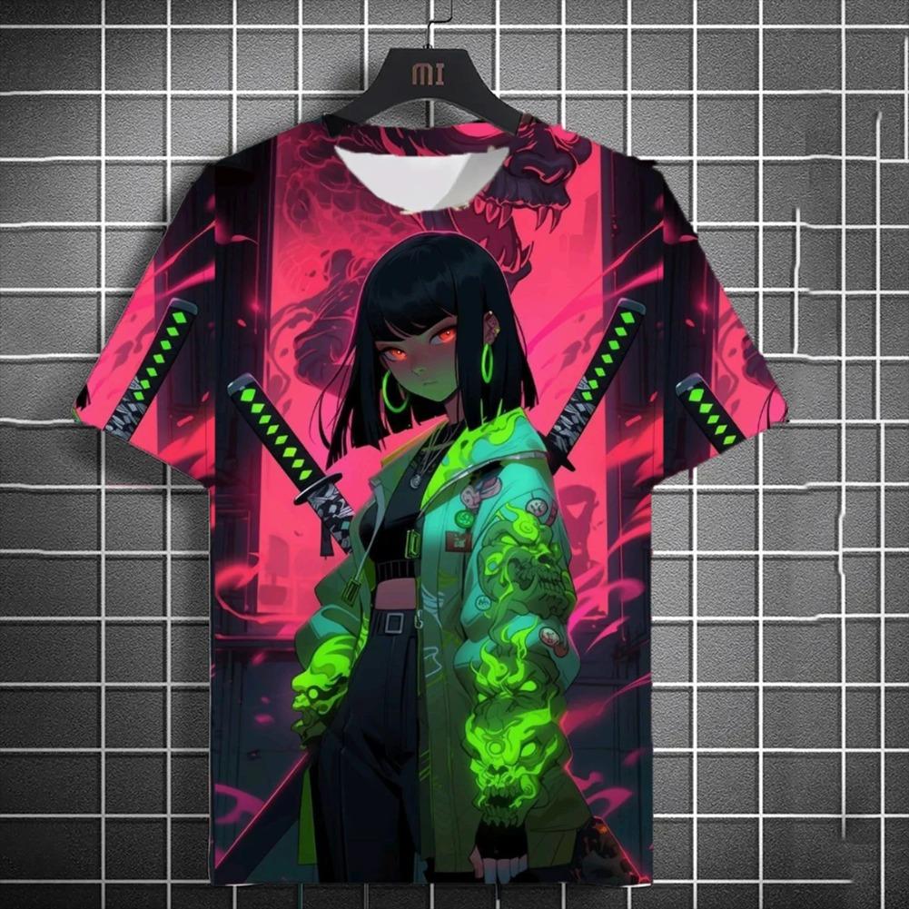 Fashion Versatile Men's T-shirt 3D Printed Japanese Samurai Sword Girl Anime Personality O-neck Short Sleeved Trendy Men Clothes