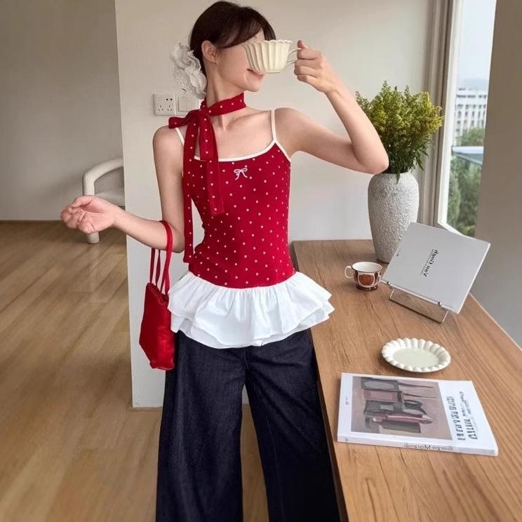 2025 Summer Women's Polka Dot Ruffle Cami with Bow - Trendy and Slimming