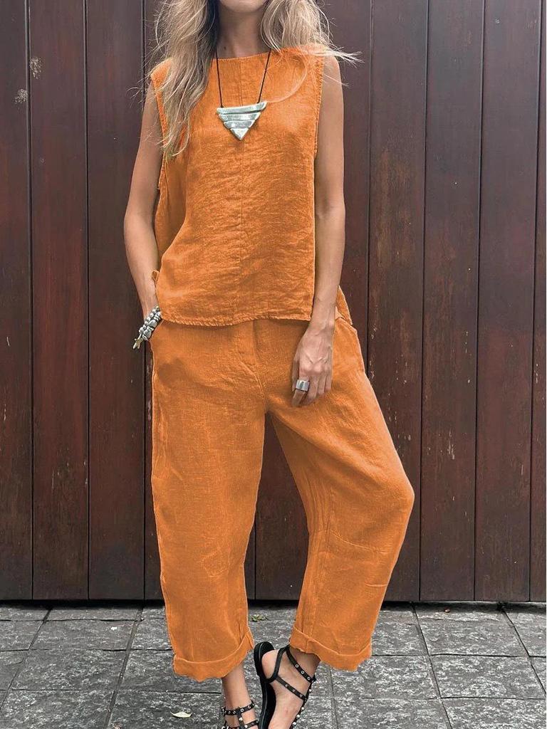 Spring/Summer 2025 Cotton Linen Women's Sleeveless Top & Loose Pants Set