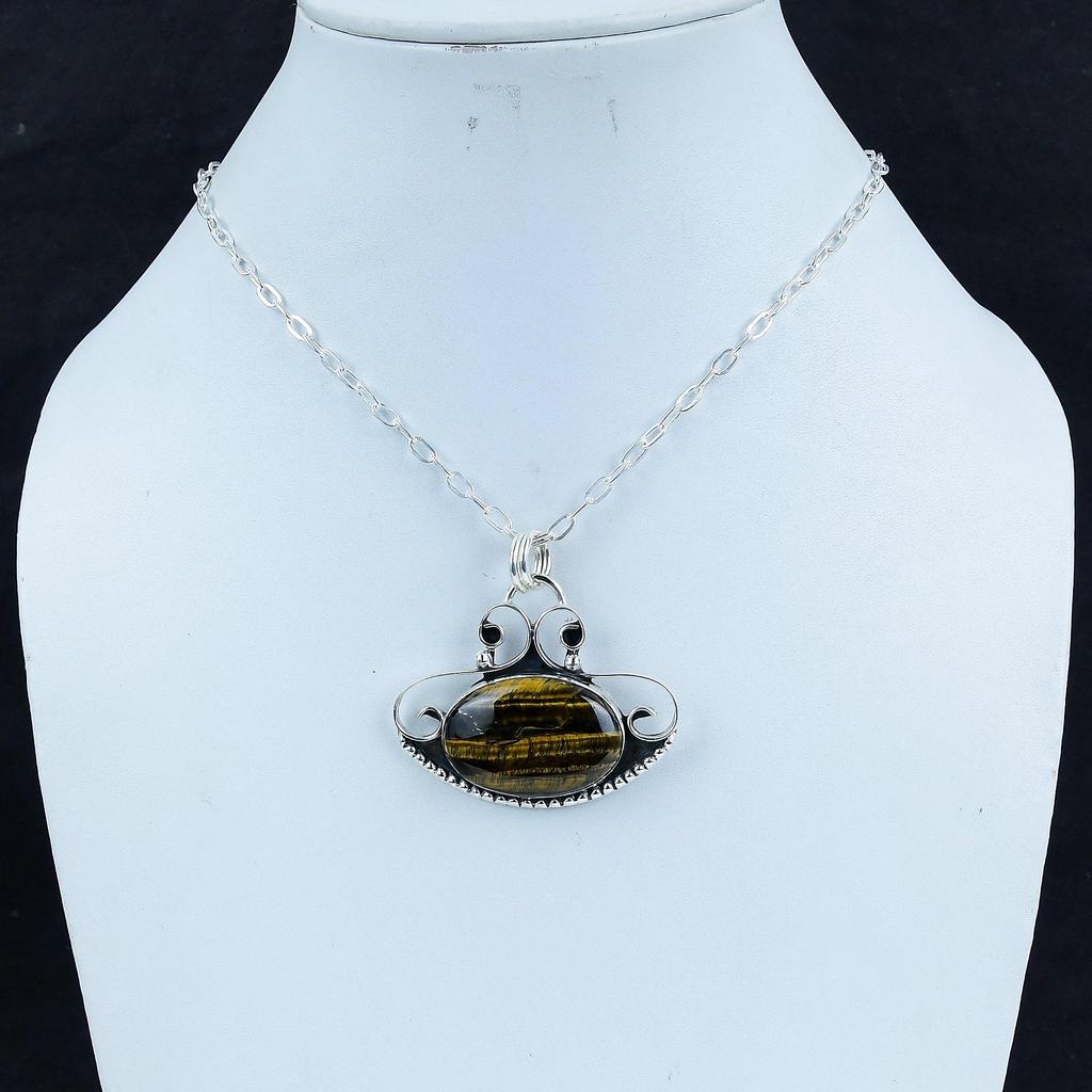 Natural Tiger Eye Gemstone Silver Pendant in 925 Sterling Silver - Handmade Design, Everyday Wear Jewelry Party Wear Gift