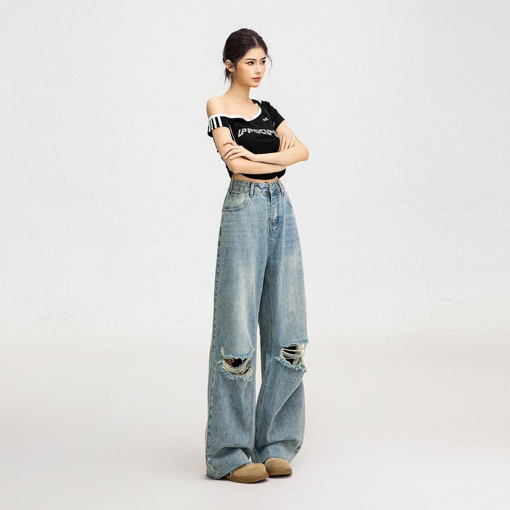 Ripped jeans women's spring and autumn thin straight loose new high waist wide legs drape thin floor pants