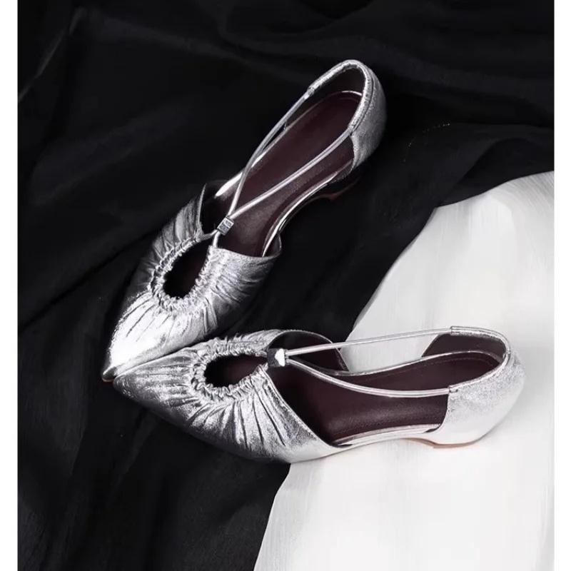 

French Vintage Folded Head Sandals Women s Niche Design Hollow Out Pointed Toe Side Open Thick Heel Single Shoes 40 срібний